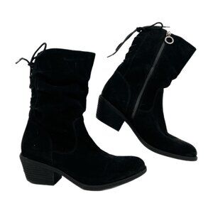 Sofft Black Lace-Up Back Heeled Boots | Almond Toe, Cuban Heel